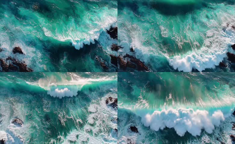 高空俯视海岸翻涌海浪