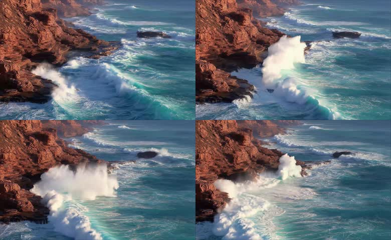 红褐色层状岩海岸拍岸海浪