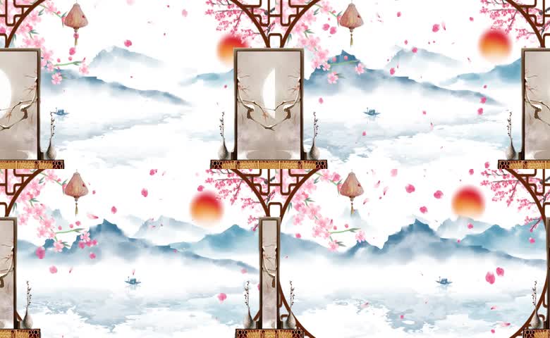 中国风屏风水墨花瓣飘落