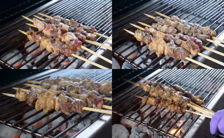 木炭明火铁网竹签鲜肉串
