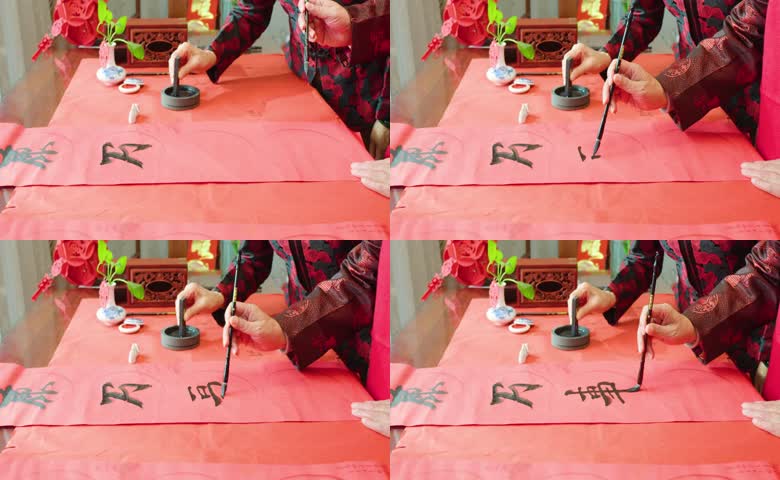 老人写春联毛笔字特写实拍