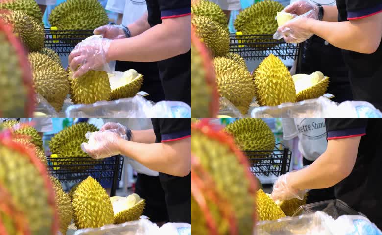 榴莲开果取肉实拍