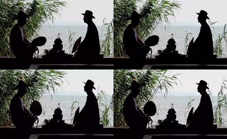 古风人物湖边静谧对谈