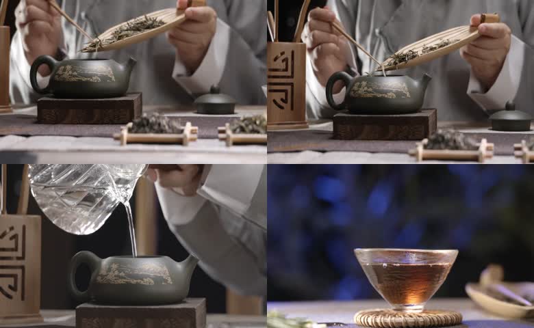 紫砂壶投茶特写