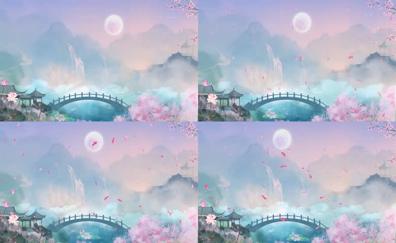 花瓣飘落江南古桥场景