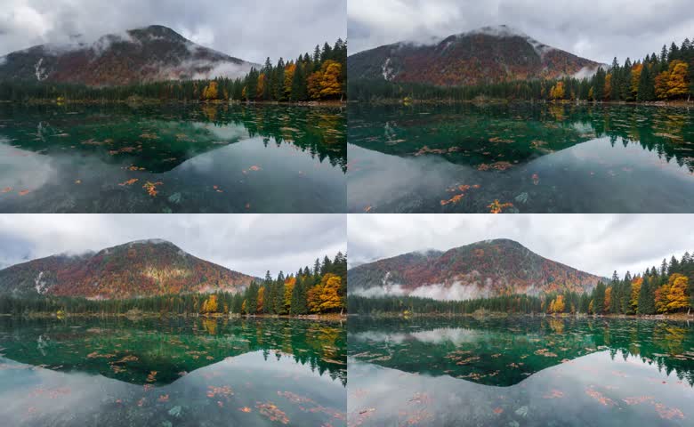 雾霭笼罩山野湖景实拍