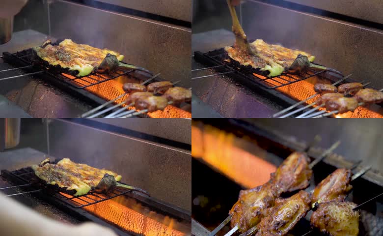 烤制烤茄子与鸡翅烤串