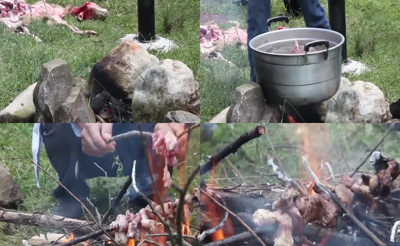 野外柴火煮肉烤羊肉