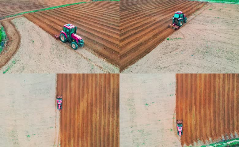 航拍拖拉机耕地整地
