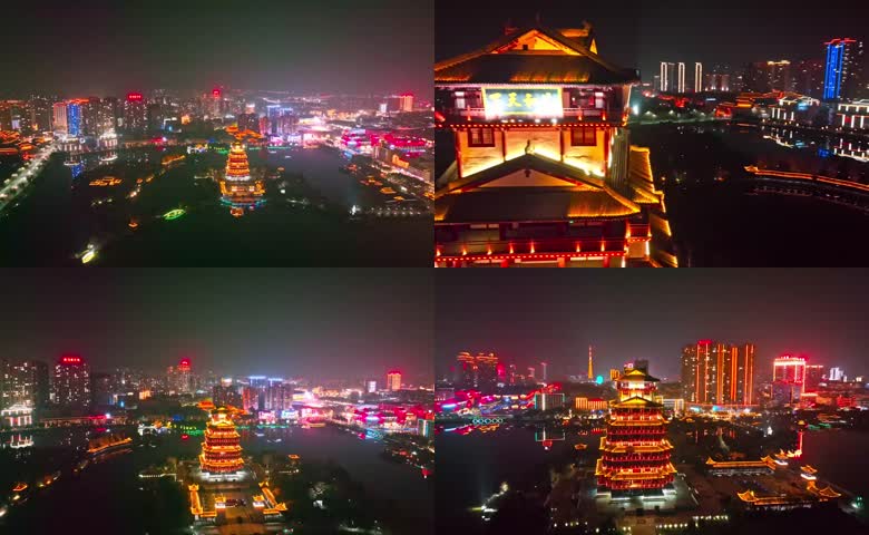 湖北天门茶经楼夜晚航拍