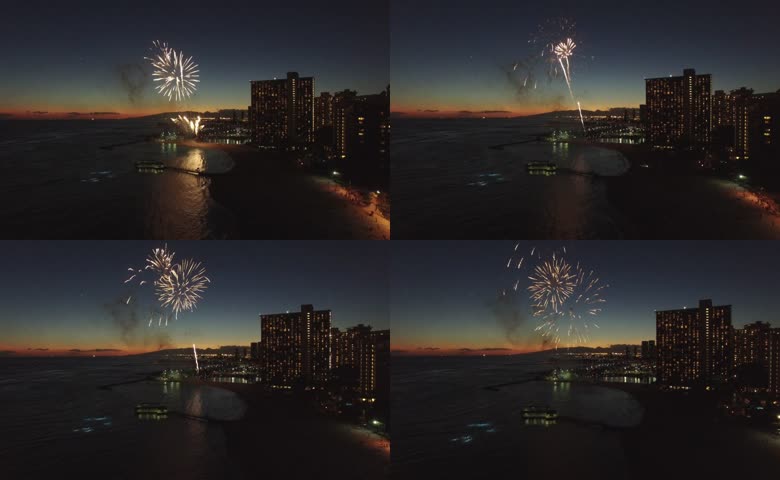 黄昏海湾烟花夜景