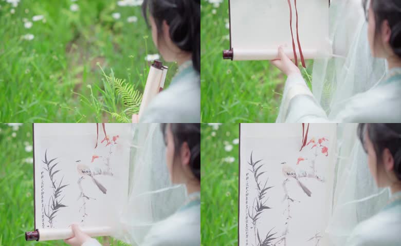 实拍汉服姑娘慢慢打开画卷