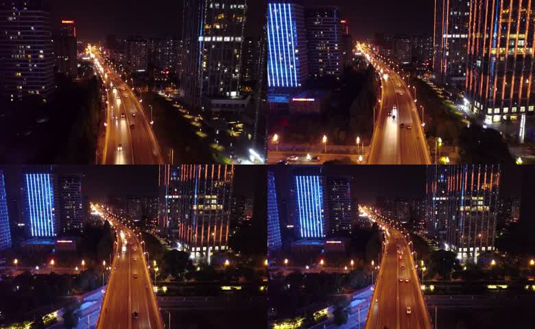 航拍写字楼大厦夜景灯光车流
