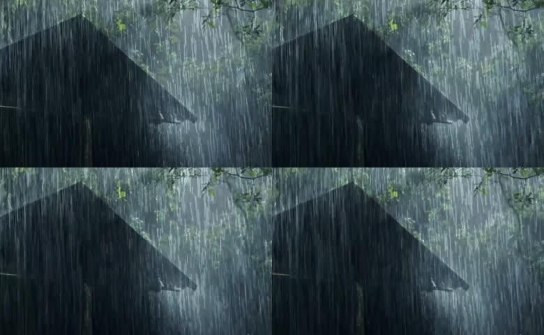 瓢泼大雨屋檐实景