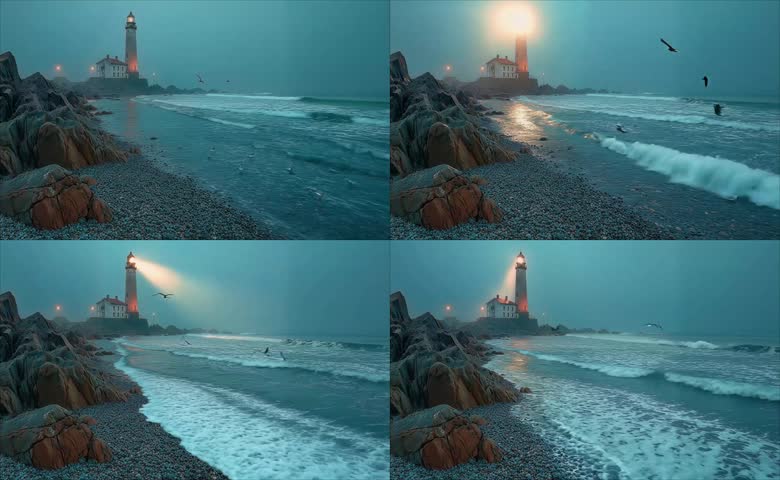 海边灯塔海浪飞鸟