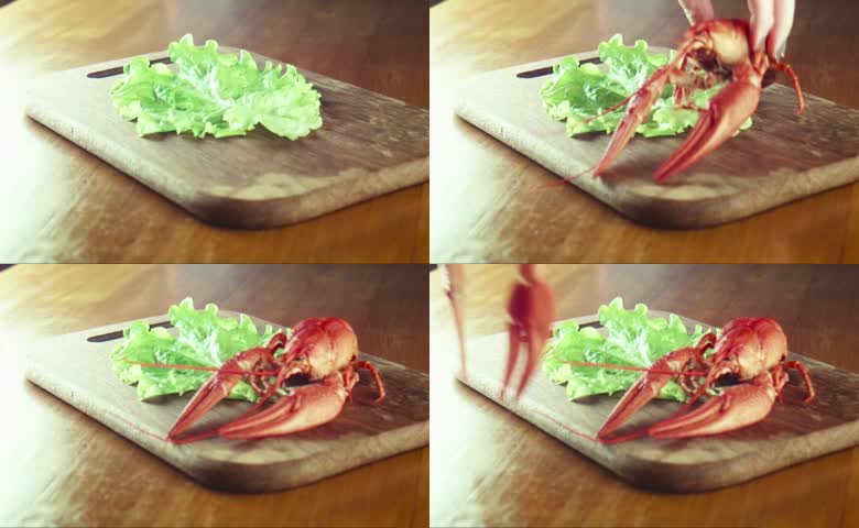 木砧板摆盘鲜红熟小龙虾
