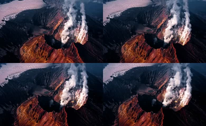 高空航拍喷发白烟活火山口