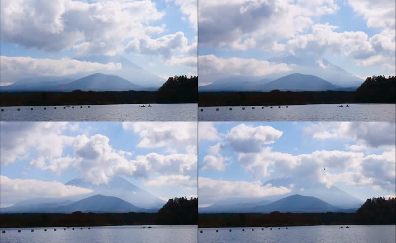 日本富士山蓝天白云湖泊延时摄影