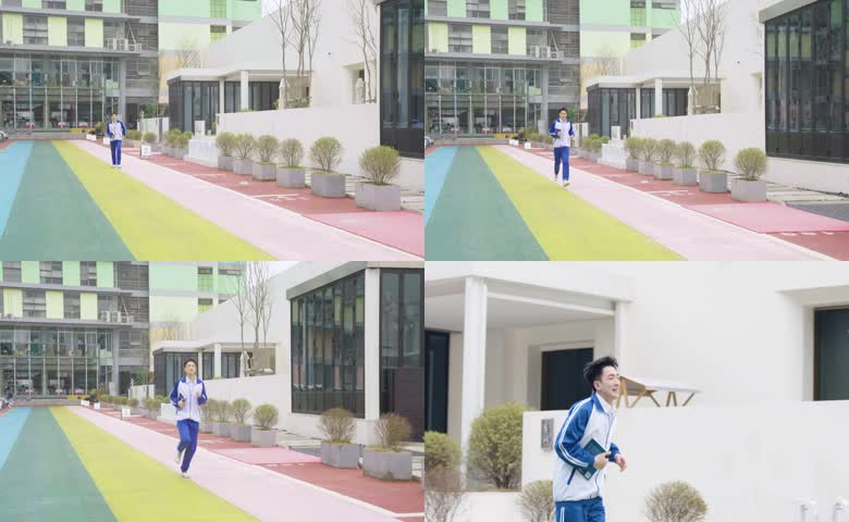 男学生在校园内奔跑实拍