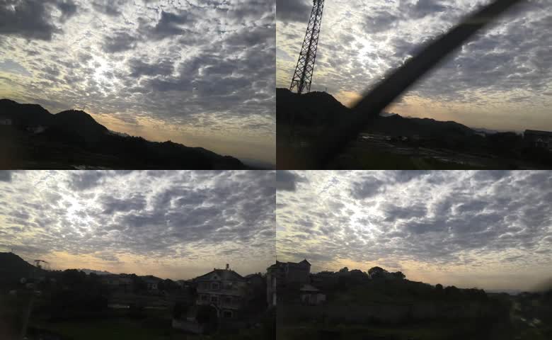 动车车窗视角看乡村夕阳
