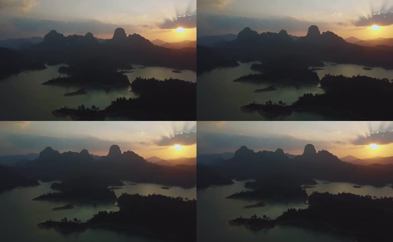 航拍清远桃花湖日落湖景