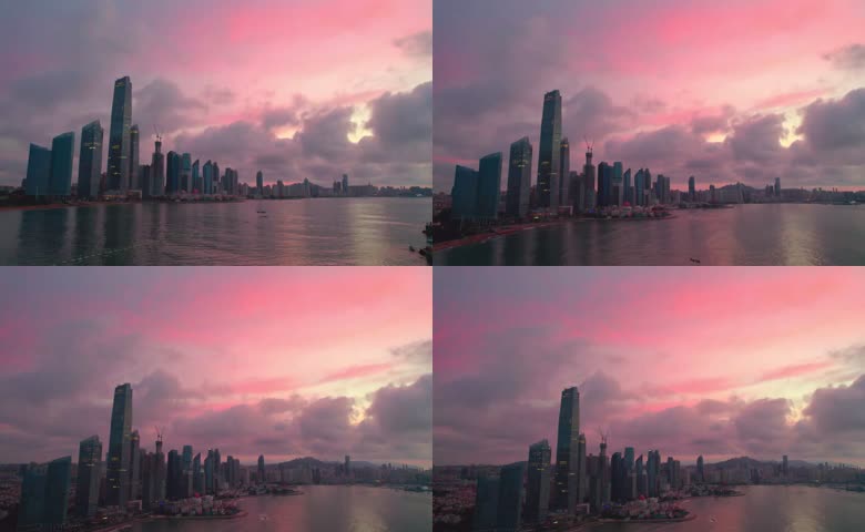 航拍城市朝霞红色天空