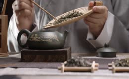紫砂壶投茶特写