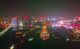 湖北天门茶经楼夜晚航拍