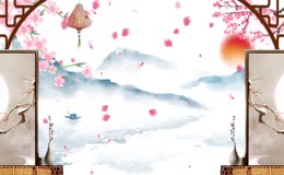 中国风屏风水墨花瓣飘落