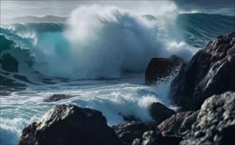 巨浪拍打海边礁石